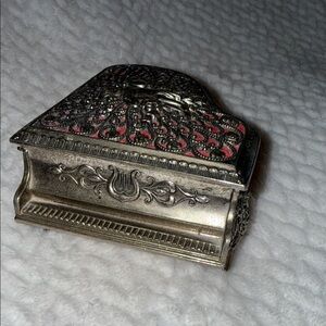 Vintage 1960s Sanko Cherub Music Box Ornate Silver-Tone Box Red Velvet Lining